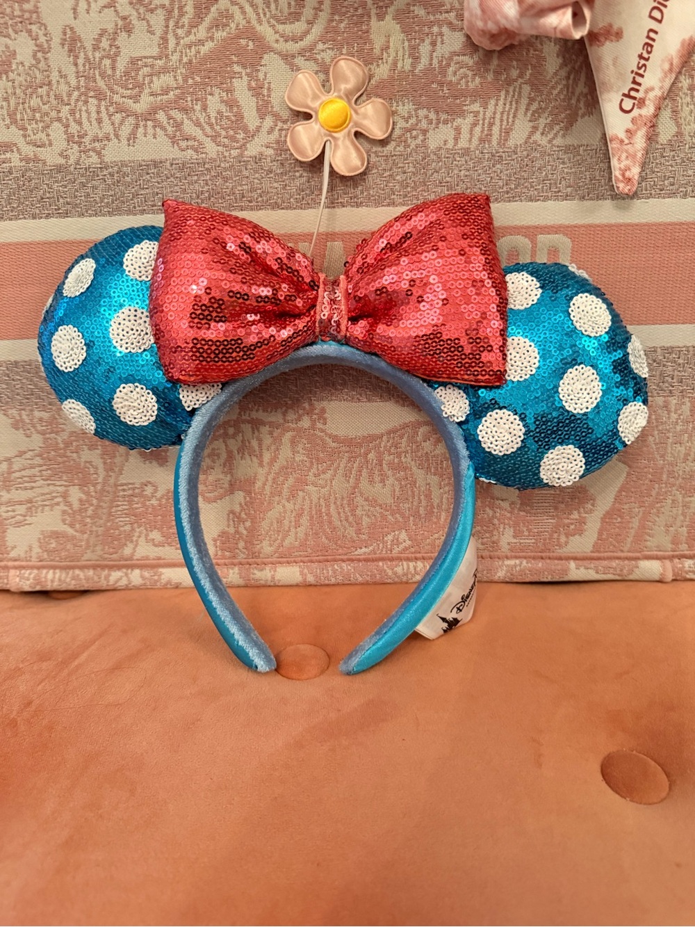 Sequin Polka Dot Minnie Mouse Ear Headband - Blue & pink